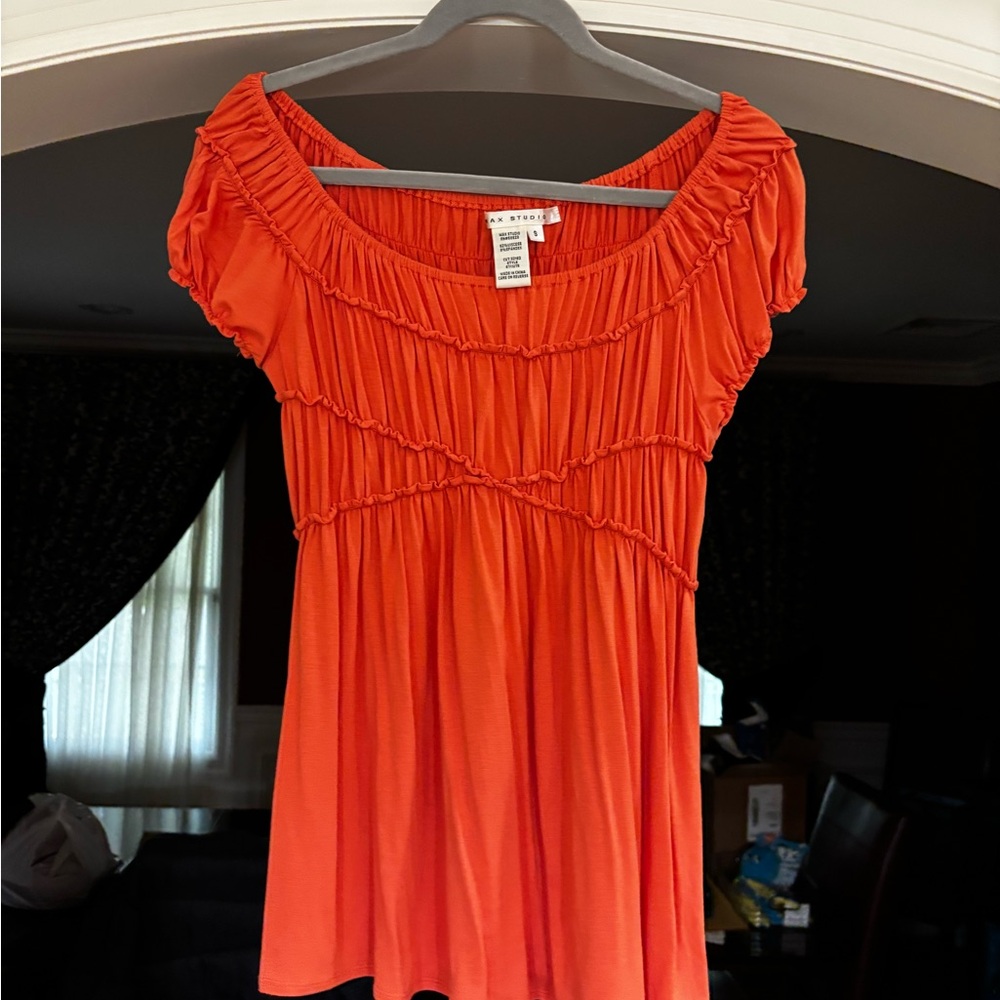 Max Studio Orange Ruched Cap Sleeve Blouse